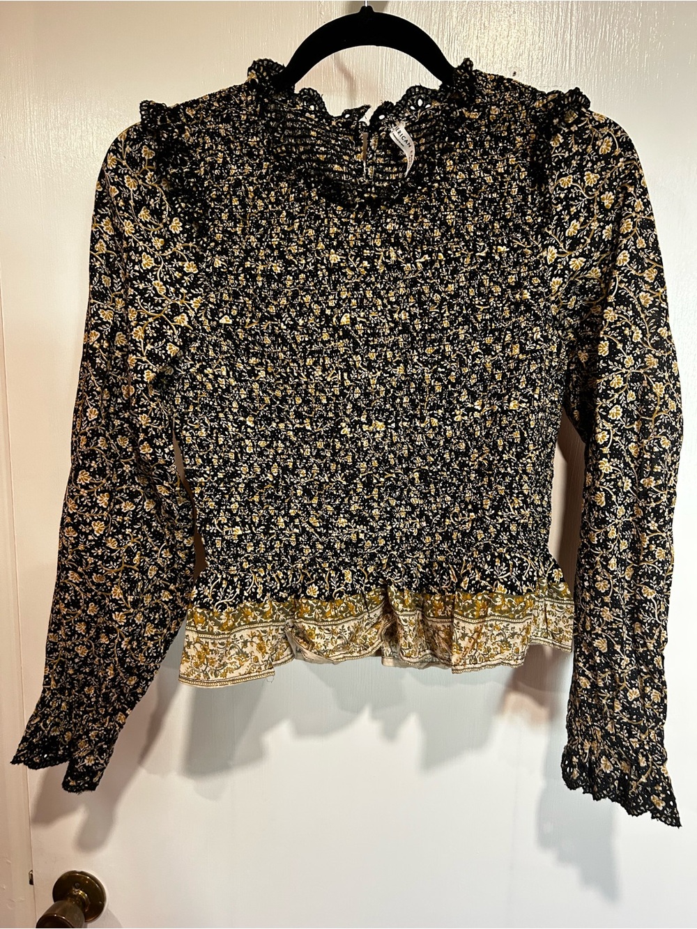 American Eagle Outfitters Black and Mustard Smocked Floral Long-Sleeve Blouse